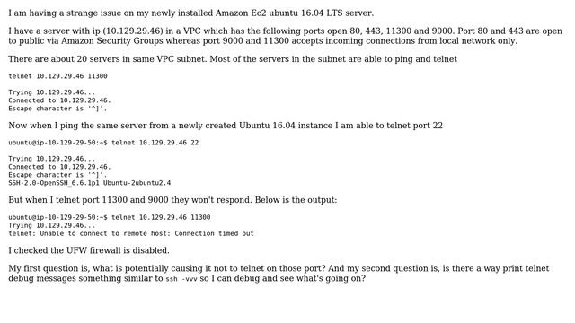 DevOps & SysAdmins: Amazon EC2 Ubuntu 16.04 telnet works on some ports and not for others смотреть онлайн