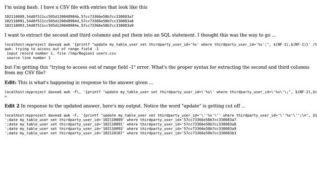 Unix & Linux: How Do I Extract The Second And Third Columns From My CSV File With Awk?