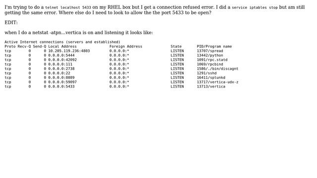 Can't telnet on port 5433 on localhost after iptables stop смотреть онлайн