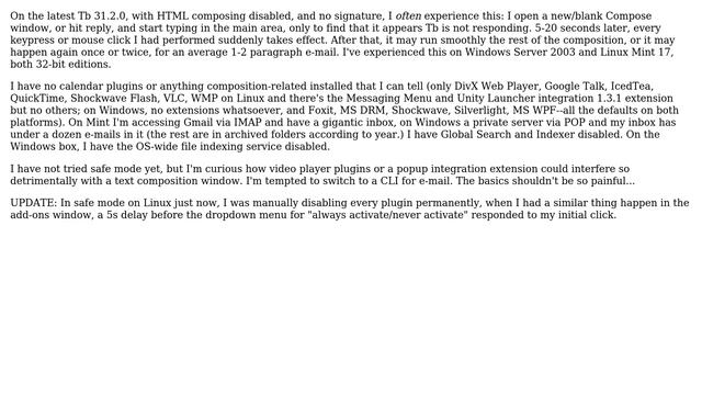 Thunderbird 31.2.0 "warping" in text-only Compose window on both Linux and Windows смотреть онлайн