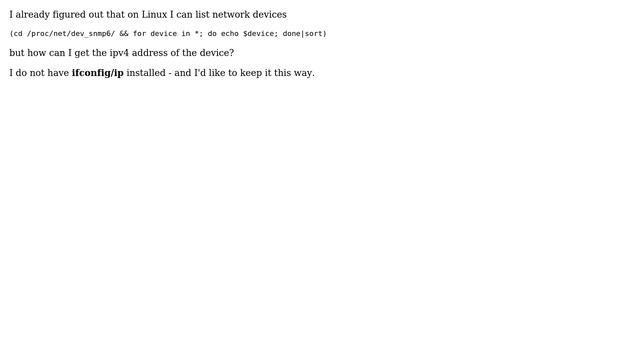 How can I list net work devices and ipv4 address on linux without ifconfig/ip command? смотреть онлайн