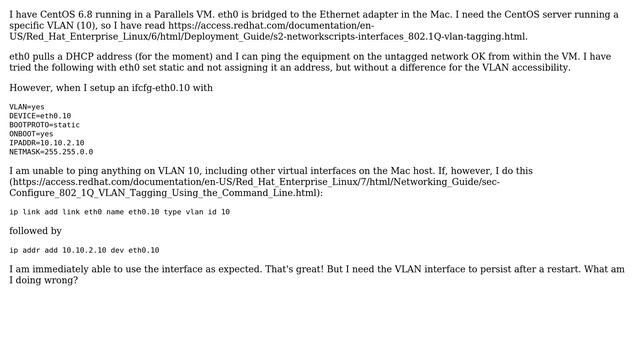 Unix & Linux: VLAN setup via command line works, ifcfg-ethX.Y does not (CentOS 6.8) смотреть онлайн