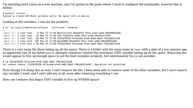 Unix & Linux: Can't delete UEFI variable - no space left / operation not permitted смотреть онлайн
