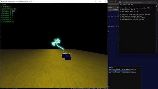 Proton stream particle thrower test simulation using OpenGL 4.5.0 core and Visual Studio 2022 C++