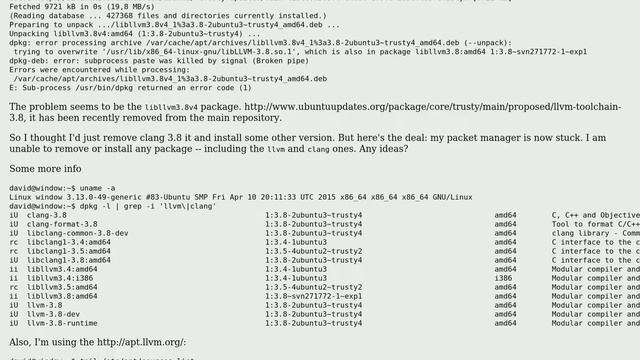 Ubuntu 14.04, Clang 3.8: cannot update due to missing libllvm3.8v4 смотреть онлайн