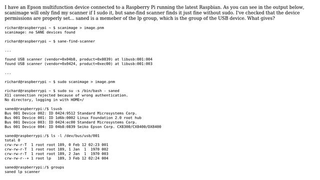 scanimage does not find scanner unless sudo'ed, but shows up with sane-find-scanner (Raspbian) смотреть онлайн