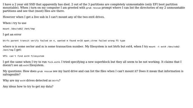 Unix & Linux: SSD failiure. grub rescue sees files, but I can't mount drives смотреть онлайн