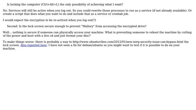 Ubuntu: Is the lock screen secure enough to prevent "Mallory" from accessing the encrypted drive? смотреть онлайн
