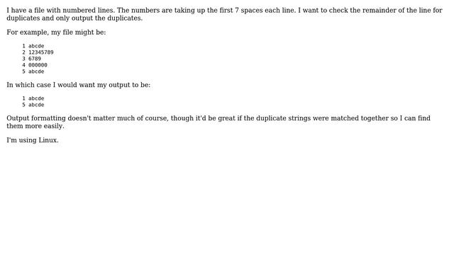 Unix & Linux: Display only duplicate lines, ignoring the first x spaces per line смотреть онлайн