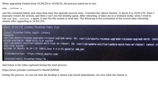 Ubuntu: Upgrading to 16.04 LTS results in read only file system and can not start desktop смотреть онлайн
