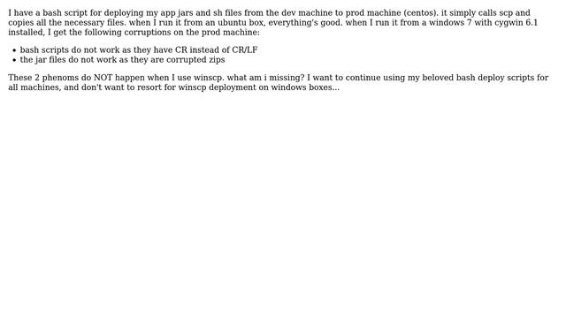 DevOps & SysAdmins: cygwin scp to linux box corrupts files, while winscp fixes the corruptions? смотреть онлайн