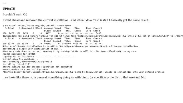Cloning builder process: Operation not permitted when using Nix (under Linux) update channel смотреть онлайн