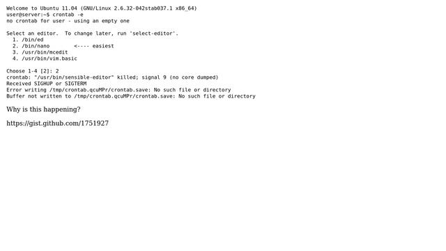 DevOps & SysAdmins: Ubuntu crontab -e "/usr/bin/sensible-editor" killed; signal 9 (no core dumped) смотреть онлайн