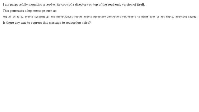 Unix & Linux: Suppress systemd: "Directory to mount over is not empty, mounting anyway." смотреть онлайн