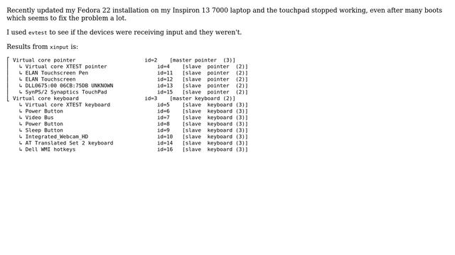 Unix & Linux: Fedora 22 4.1.3 Inspiron 13 7000 Touchpad Not Responding смотреть онлайн