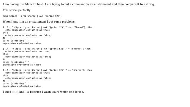Unix & Linux: Bash if statement [: missing `]' error смотреть онлайн