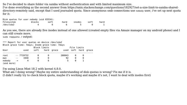 Unix & Linux: Hard inode disk quota not working (via SMB anonymous connection) смотреть онлайн