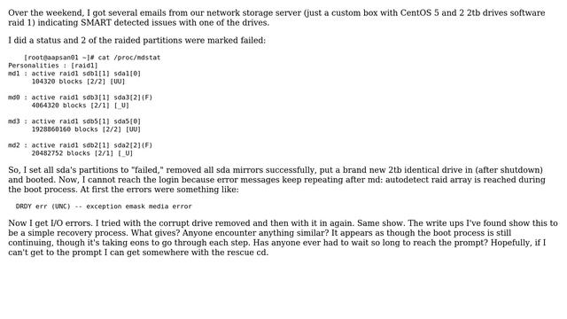 Raid 1 mdadm (linux) disk failure recovery: DRDY err (UNC) keeps repeating can't reach login смотреть онлайн