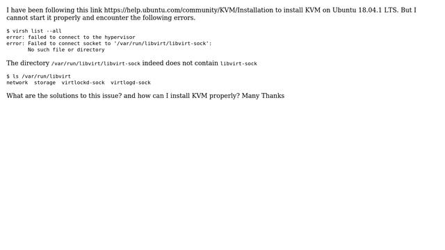 Ubuntu: KVM Setting Issue (libvirt-sock not found) on Ubuntu 18.04.1 LTS смотреть онлайн