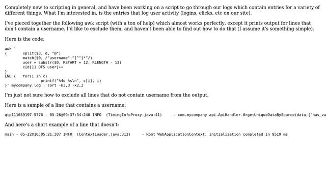 Unix & Linux: How to exclude lines that don't include a string from the output of an awk script? смотреть онлайн