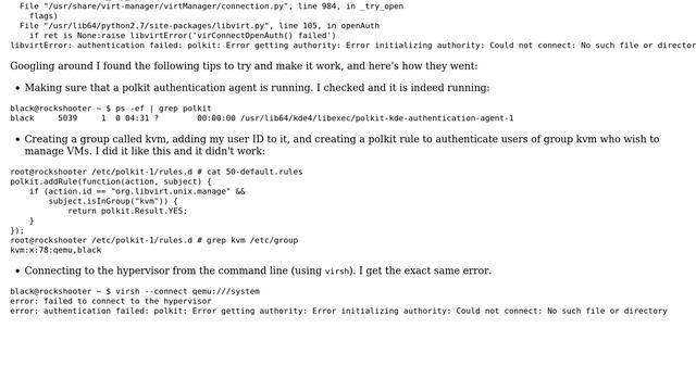 Gentoo virt-manager on system without GNOME cannot connect to libvirtd due to polkit throwing a... смотреть онлайн