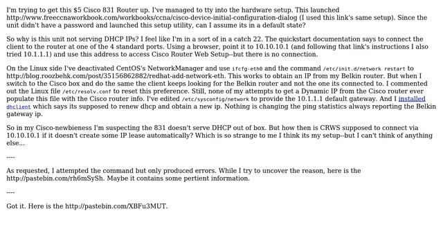 Does Cisco 831 router need to dynamically serve IP to use Cisco Router Web Setup? смотреть онлайн