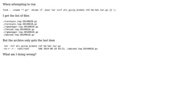 Running find...exec tar czvf only archives one file...need all files смотреть онлайн