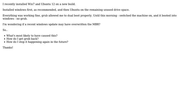 Ubuntu: GRUB disappeared after recent Ubuntu 12/Win7 install? смотреть онлайн