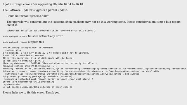 Ubuntu: dpkg-divert: error: rename involves overwriting error after upgrading from 16.04 to 16.10 смотреть онлайн