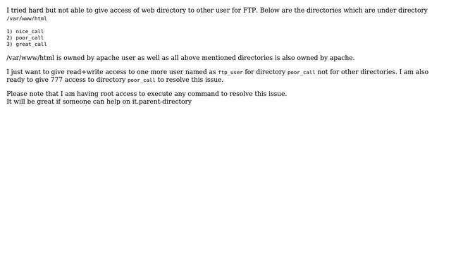 How to give apache web directory access to other FTP user where parent directory is restricted? смотреть онлайн