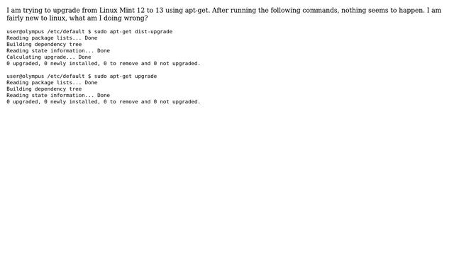 Nothing happens when trying to upgrade from Linux Mint 12 to 13 смотреть онлайн