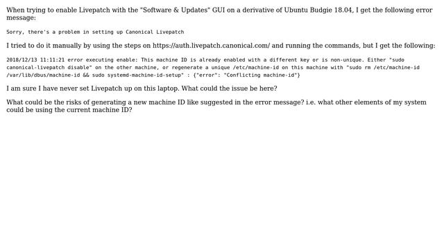 "Machine ID already enabled with different key, or non-unique" when setting up Livepatch смотреть онлайн