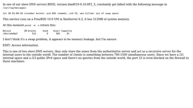 DevOps & SysAdmins: BIND 9.10 constantly killed on FreeBSD 10.0 with out of swap space смотреть онлайн