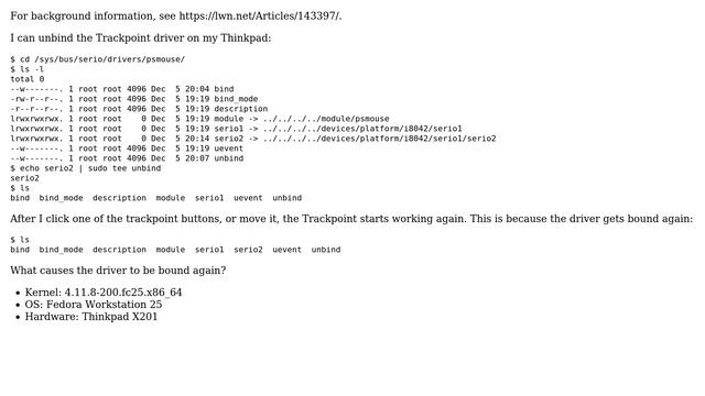 After I unbind the Trackpoint driver (psmouse), the driver re-bound when I press it. What causes... смотреть онлайн