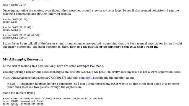 Trying bash brace expansion (discrete numbers) using while read line and echo, doesn't expand смотреть онлайн