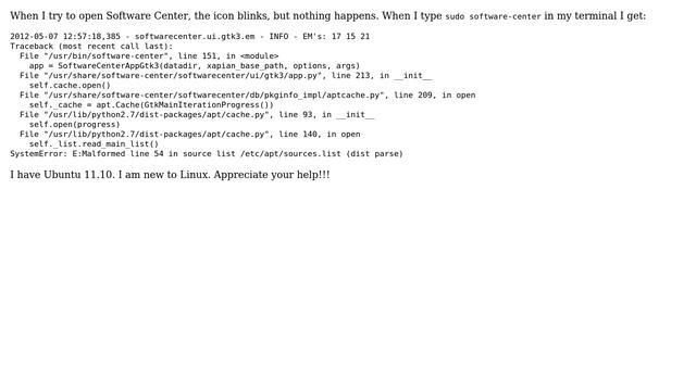 Ubuntu: Can't open Software Center due to a malformed line смотреть онлайн