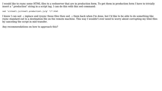 Unix & Linux: Want to rsync some files after they've been sedded (2 Solutions!!) смотреть онлайн