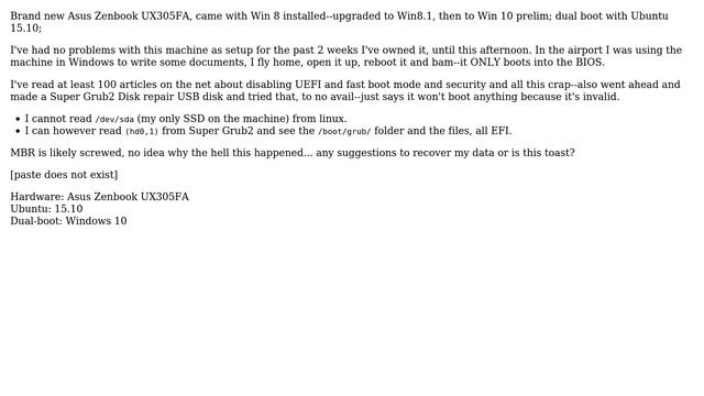 Ubuntu: How to Read HD when only booting to Bios with dual-boot Windows 10 and 15.10? смотреть онлайн