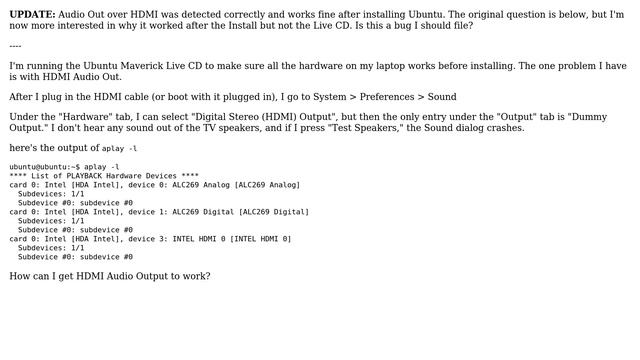 Ubuntu: Intel HDMI Audio Out doesn't show up in Sound preferences смотреть онлайн