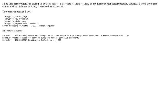 Ubuntu: Mount on filesystem of type eCryptfs explicitly disallowed due to known incompatibilities смотреть онлайн