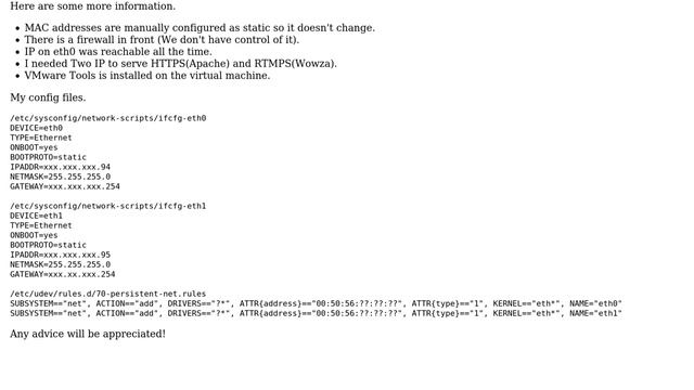 Two NIC (eth0,eth1), two global IP on same subnet. Became unreachable to IP on eth1 after reboot смотреть онлайн