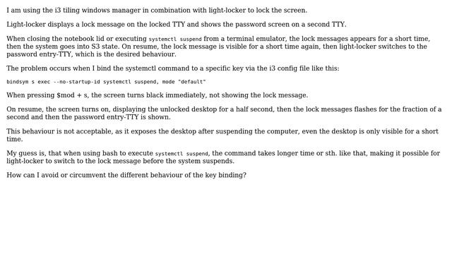 Unix & Linux: Different behaviour of systemctl suspend when executed via i3 wm key binding смотреть онлайн