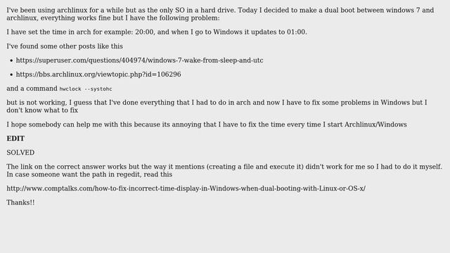 Wrong time update when rebooting Archlinux - Windows 7 2 Solutions!!
