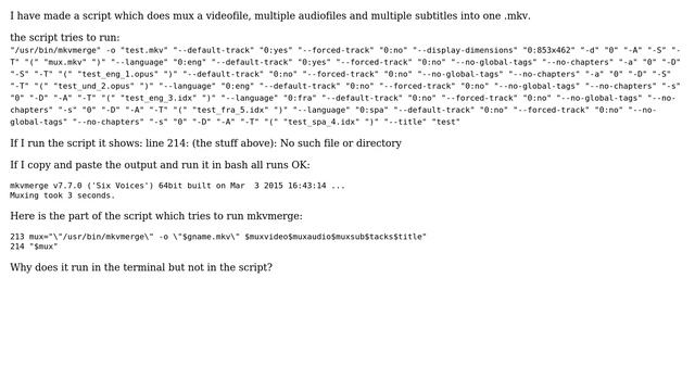 Unix & Linux: mkvmerge in a bash script does not execute смотреть онлайн