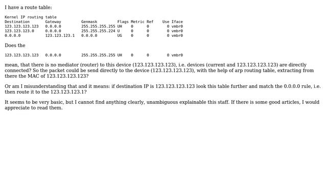 Unix & Linux: What does the route Dest: 123.123.123.123, GW: 0.0.0.0 mean? смотреть онлайн