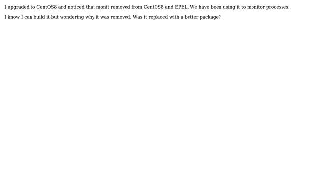 Unix & Linux: monit removed from CentOS8 and EPEL. Any replacement? смотреть онлайн
