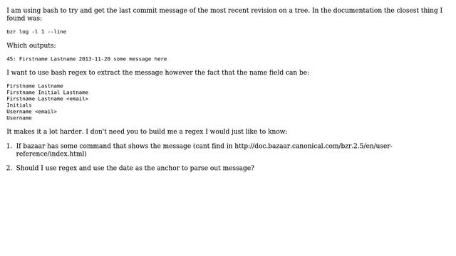 Unix & Linux: bzr get last commit message using bash смотреть онлайн