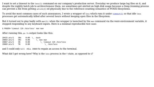 Unix & Linux: Coreutils timeout(1) plays badly with man/less смотреть онлайн