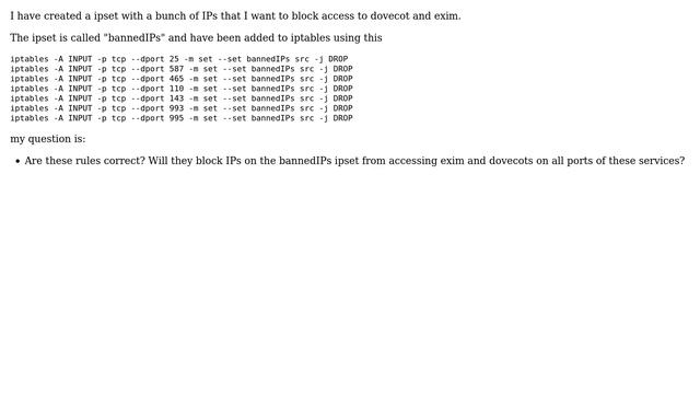 Unix & Linux: IP set to block access to exim and dovecot смотреть онлайн