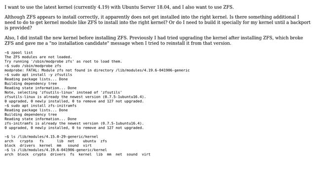 DevOps & SysAdmins: ZFS not installed into upgraded kernel (4.19) смотреть онлайн